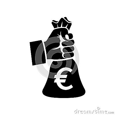 Black silhouette hand holding money bag with euro Vector Illustration