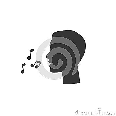 Black silhouette head man and note as singing icon. Vector Illustration