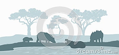 Black silhouette of hippopotamus family. Scene with hippos. Landscape of wild african animals. Savannah panorama Vector Illustration