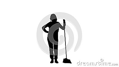 Black silhouette of housewife woman posing with broom and looking away on white background. Concept profession of maid Stock Photo