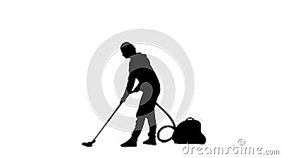 Black silhouette of housewife woman vacuum the floor on white background. Concept profession of maid, cleaning Stock Photo