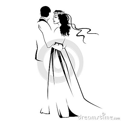 Black silhouette of huging groom and bride,lovers logo, Vector Illustration