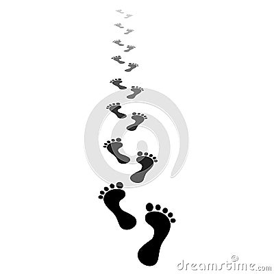 Black silhouette. Human footprint. Footprints of bare feet walking along the path and go beyond the horizon. Perspective footpath. Vector Illustration