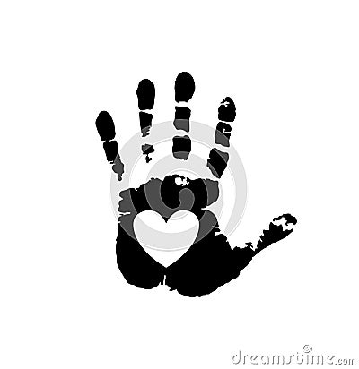 Black silhouette of human hand print with heart symbol Vector Illustration