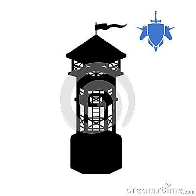 Black silhouette of human tower. Fantasy object. Archer medieval watchtower. Game fortress icon Vector Illustration