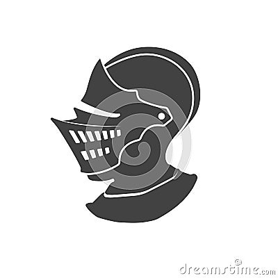 Black silhouette of isolated knight helmet. Side view. Medieval armor icon. Fantasy sign Vector Illustration