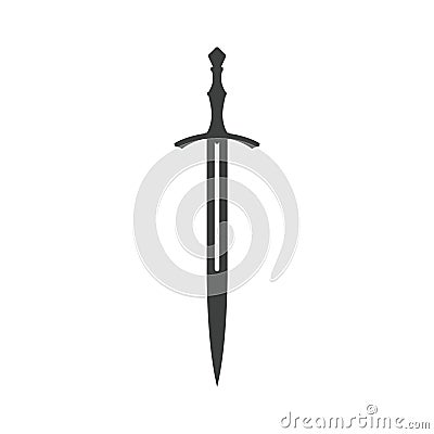 Black silhouette of isolated knight sword. Medieval weapon icon. Fantasy longsword sign Vector Illustration