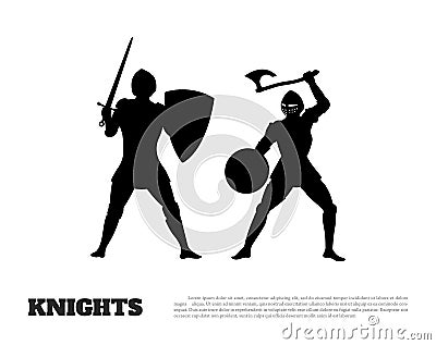 Black silhouette of knight battle on white background. Icon of medieval soldiers Vector Illustration