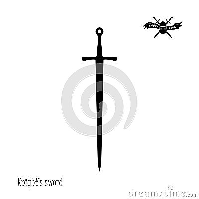Black silhouette of knight`s sword on white background. Icon of fantasy falchion Vector Illustration