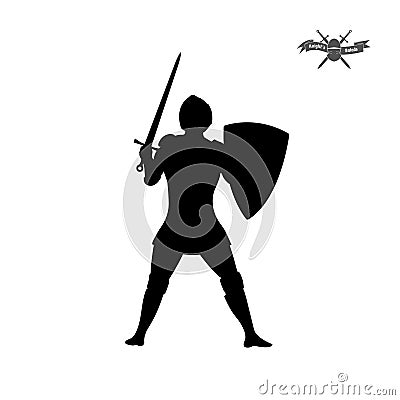 Black silhouette of knight with sword on white background. Icon of medieval soldier Vector Illustration