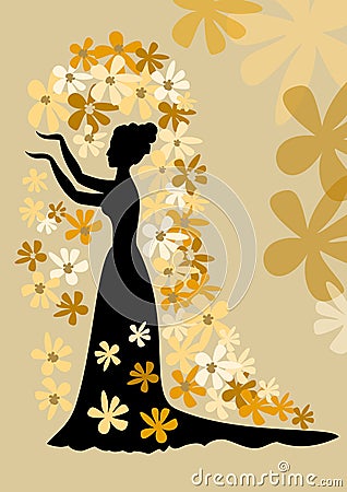 Black silhouette of lady with bun in gown with siding. Lady with her arms folded against on golden background is Vector Illustration