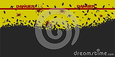 Black silhouette of a large number of cockroaches and insects on a yellow background, pest beetles top view. Parasite infestation Vector Illustration