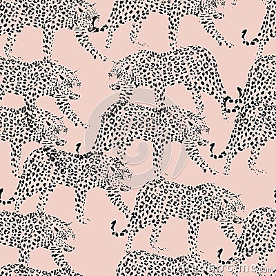 Black silhouette leopard pattern seamless pink background Vector Illustration