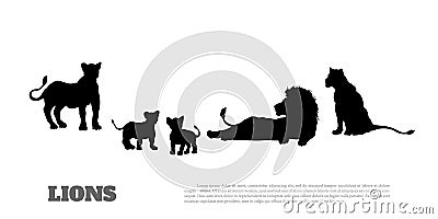 Black silhouette of lion pride on white background. Isolated scene of savannah wildlife. Landscape of african animals Vector Illustration