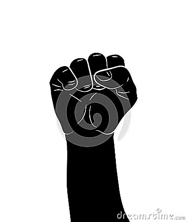 Black silhouette of a male rising fist on a white background with white lines defining fingers and thumb. Symbol of Vector Illustration