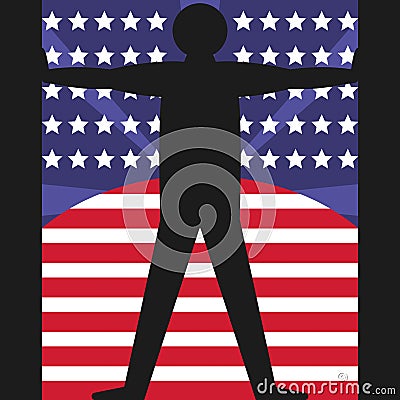 Black silhouette of man on the background the american flag. The concept of freedom, democracy and independence. Vector Illustration