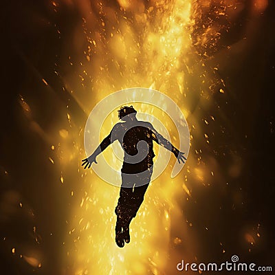 Black silhouette of a man rising against yellow rays of light Stock Photo