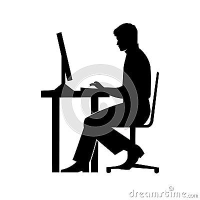 Black silhouette of a man sitting behind a computer icon Stock Photo