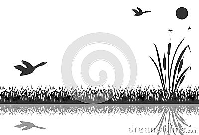 The black silhouette of marsh grass with flying ducks is reflected in the water. Vector Illustration