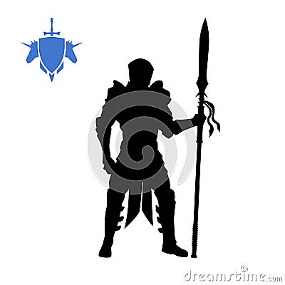 Black silhouette of medieval knight with spear . Fantasy character. Games icon of paladin. Isolated drawing of warrior Vector Illustration