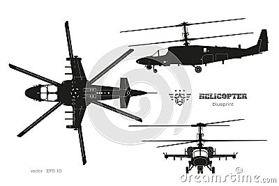 Black silhouette of military helicopter. Top, side and front views of armed air vehicle. Industrial isolated blueprint. Vector Illustration