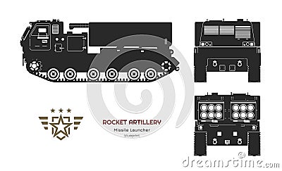 Black silhouette of missile vehicle. Rocket artillery. Side, front and back view. Drawing of military tractor Vector Illustration