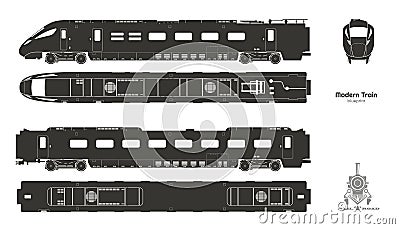 Black silhouette of modern train. Side, top and front views. Isolated locomotive blueprint. Railway. Railroad transport Vector Illustration