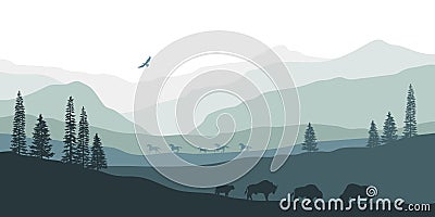 Black silhouette of mountain landscape. American bison. Natural panorama of forest animals. Isolated western scenery Vector Illustration