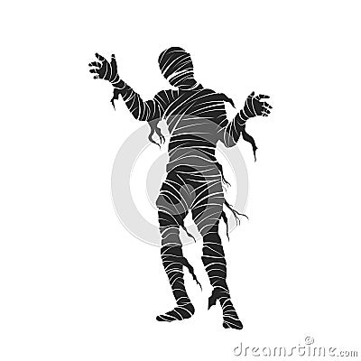 Black silhouette of mummy. Halloween party. Isolated image of scary monster. Mummified zombie on white background Vector Illustration