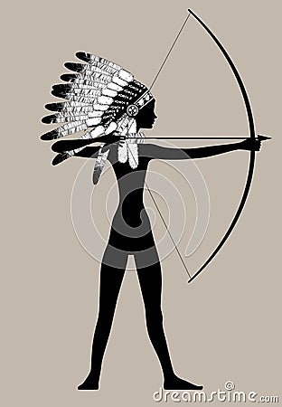 Black silhouette of a naked girl in Native American traditional headdress shooting from a bow Vector Illustration
