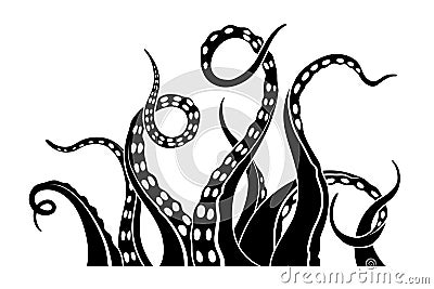 Black silhouette of octopus tentacles. Isolated sea monster drawing. Kraken sketch. Underwater animal wall art Vector Illustration