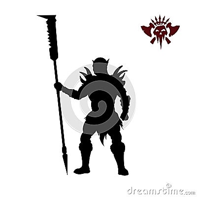 Black silhouette of orc with spear on background. Fantasy character. Angry warrior with weapon. Barbarian tattoo Vector Illustration