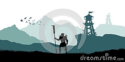 Black silhouette of orc warrior on background of tower. Fantasy landscape. Medieval panorama. Battle watchtower Vector Illustration