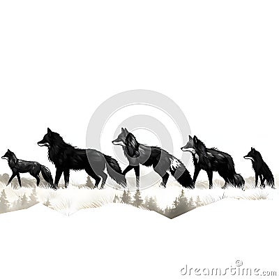 Black silhouette of pack of wolves on white background Vector Illustration