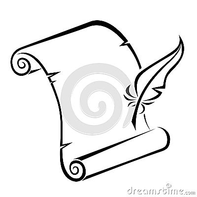 Black silhouette of paper scroll and feather pen. Vector Illustration