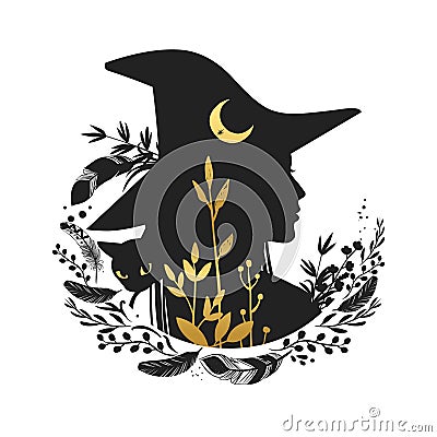 Silhouette of beautiful young witch with moon and wild herbs. Vector illustration Vector Illustration