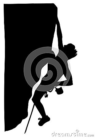 Black silhouette of rock climber in the overhang isolated on white background. Stock Photo