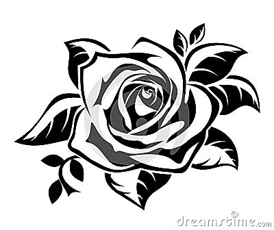 Black silhouette of rose with leaves. Vector Illustration