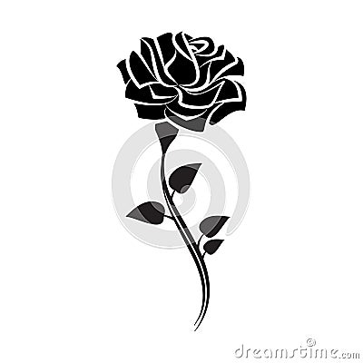 Black silhouette of rose with leaves. Tattoo style rose. Vector Vector Illustration