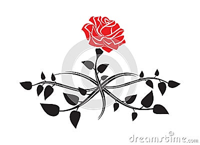 Black silhouette of rose with leaves. Tattoo style rose. Vector Vector Illustration