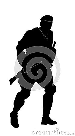 Black silhouette of a running soldier. Stock Photo