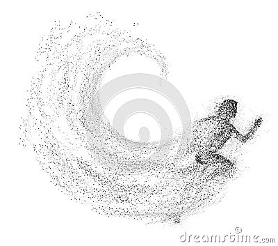 Black silhouette of running woman from particle divergent. Stock Photo