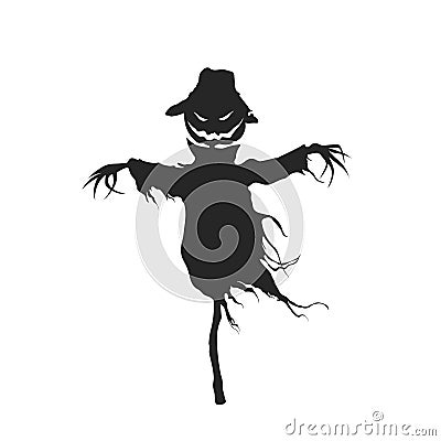 Black silhouette of scarecrow. Halloween party. Isolated image of garden monster. Scene with fantasy pumpkin Vector Illustration