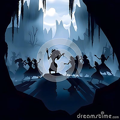 Black silhouette of shamans on dark background Vector Illustration