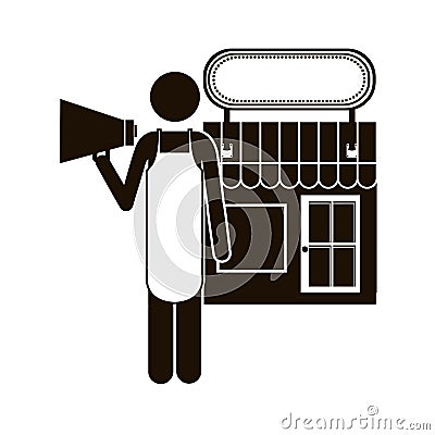 Black silhouette shopkeeper with megaphone in store Vector Illustration