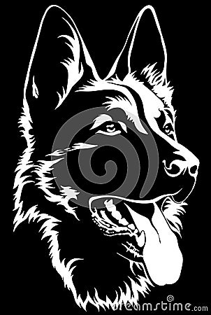 Black silhouette of a sitting German Shepherd Black and white Vector Illustration