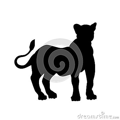 Black silhouette of standing lion on white background. Lioness image. Isolated icon of wild cat. African animals Vector Illustration