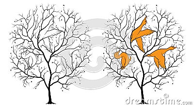 Black silhouette of a tree on a white background, among the branches are hidden contours of three ducks. Vector Illustration