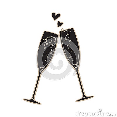 Black silhouette of two sparkling glasses of champagne. Retro style vector illustration isolated on white background. Vector Illustration