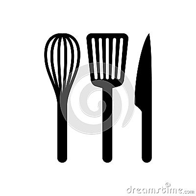 Black silhouette vector whisk, spatula and knife icon set. Vector Illustration